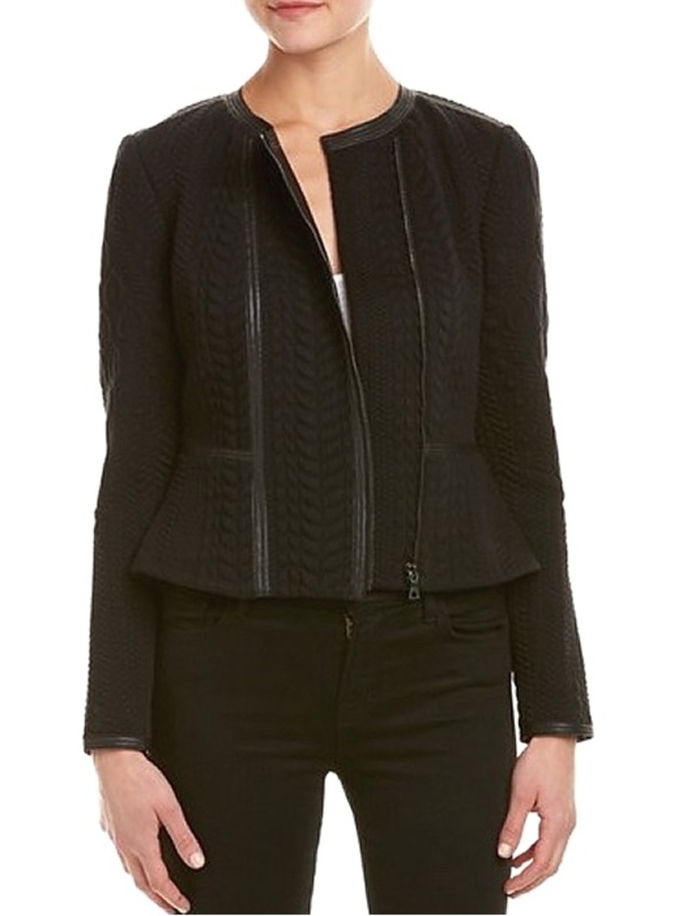 Rebecca Taylor Cable Knit Jacquard Jacket w Faux Leather Trim Black Size 8